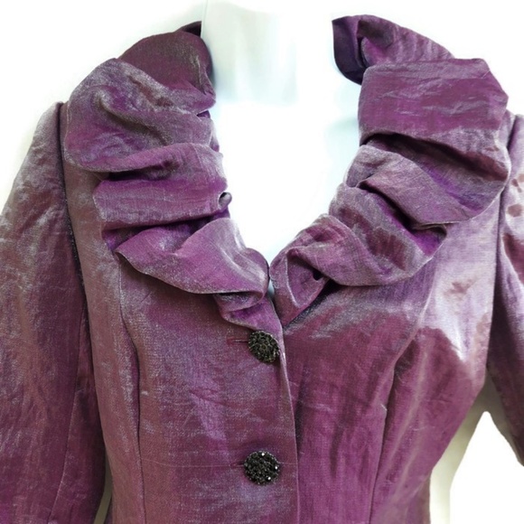 Adrianna Papell Tops - Adrianna Papell Evening Shimmer Jacket Ruffled Collar Black Jeweled Buttons 6P